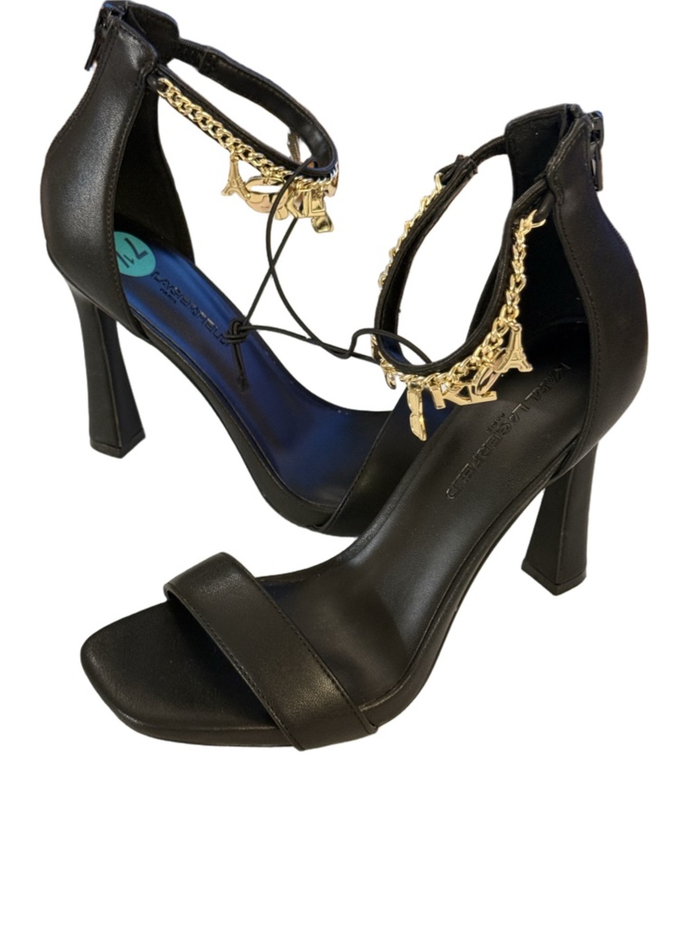 Karl Lagerfeld Black Heeled Sandals with Gold Chain Detail